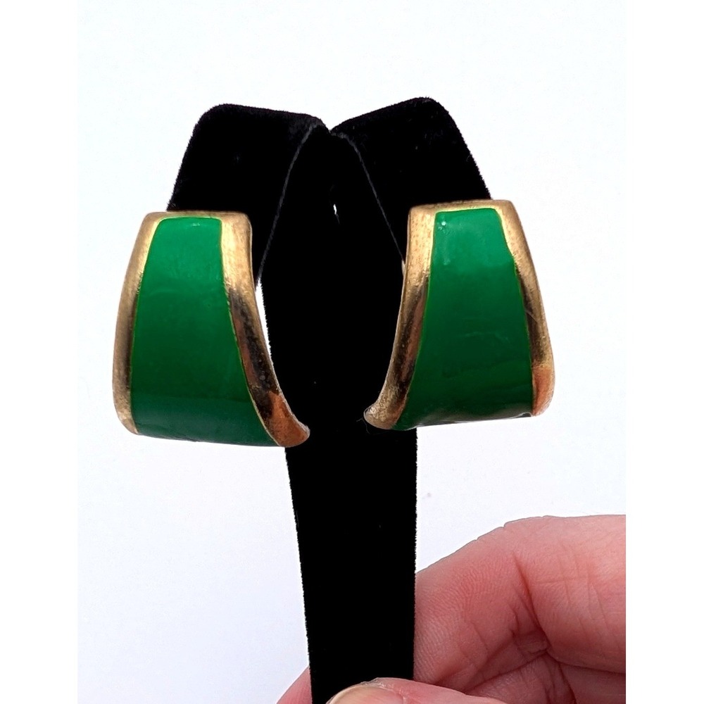 Vintage Green Enamel Gold Tone Wide Tapered Hoop Post Earrings